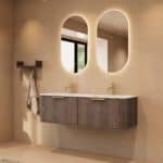 Rond donker eiken badkamermeubel 140 cm met vlak front en dubbele mat witte solid surface wastafel