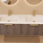 Rond donker eiken badkamermeubel 140 cm met vlak front en dubbele mat witte solid surface wastafel