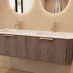 Rond donker eiken badkamermeubel 140 cm met vlak front en dubbele mat witte solid surface wastafel