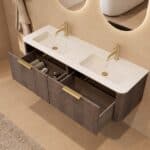 Rond donker eiken badkamermeubel 140 cm met vlak front en dubbele mat witte solid surface wastafel