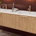 Rond hangend naturel eiken badkamermeubel 160 cm met groevenfront en dubbele mat witte solid surface wastafel