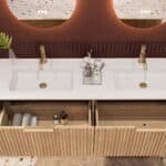 Rond hangend naturel eiken badkamermeubel 160 cm met groevenfront en dubbele mat witte solid surface wastafel