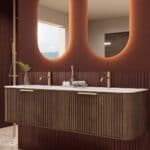 Rond hangend donker eiken badkamermeubel 160 cm met groevenfront en dubbele mat witte solid surface wastafel