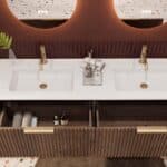 Rond hangend donker eiken badkamermeubel 160 cm met groevenfront en dubbele mat witte solid surface wastafel