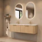 Rond hangend naturel eiken badkamermeubel 160 cm met vlak front en dubbele mat witte solid surface wastafel