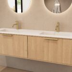Rond hangend naturel eiken badkamermeubel 160 cm met vlak front en dubbele mat witte solid surface wastafel
