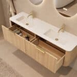 Rond hangend naturel eiken badkamermeubel 160 cm met vlak front en dubbele mat witte solid surface wastafel