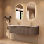 Rond hangend donker eiken badkamermeubel 160 cm met vlak front en dubbele mat witte solid surface wastafel