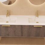 Rond hangend donker eiken badkamermeubel 160 cm met vlak front en dubbele mat witte solid surface wastafel