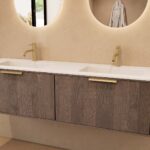 Rond hangend donker eiken badkamermeubel 160 cm met vlak front en dubbele mat witte solid surface wastafel