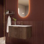 Rond hangend donker eiken badkamermeubel 80 cm met groevenfront en mat witte solid surface wastafel