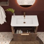 Rond hangend donker eiken badkamermeubel 80 cm met groevenfront en mat witte solid surface wastafel