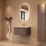 Rond hangend donker eiken badkamermeubel 80 cm met vlak front en mat witte solid surface wastafel