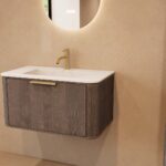 Rond hangend donker eiken badkamermeubel 80 cm met vlak front en mat witte solid surface wastafel