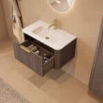 Rond hangend donker eiken badkamermeubel 80 cm met vlak front en mat witte solid surface wastafel