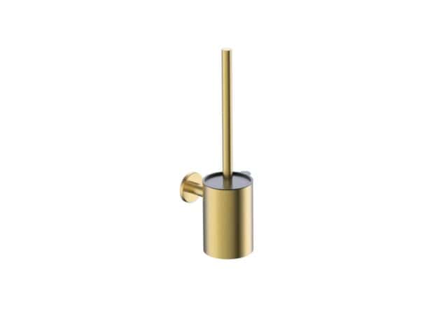Minimalistische toiletborstel met wandhouder uit de Steinwood serie, uitgevoerd in geborsteld goud met duurzame PVD-coating. Voor wandmontage. De afwerking sluit exact aan bij de geborsteld gouden PVD-afwerking van de Van Heck kranen.