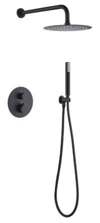 Stijlvolle thermostatische inbouwdoucheset in mat zwart, een hoofddouche van Ø25 cm en een losse handdoucheset. Uitgevoerd met muuraansluiting. Verkrijgbaar in 6 kleuren en geleverd met 5 jaar garantie.