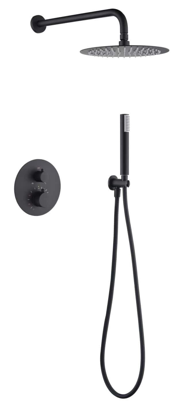 Stijlvolle thermostatische inbouwdoucheset in mat zwart, een hoofddouche van Ø25 cm en een losse handdoucheset. Uitgevoerd met muuraansluiting. Verkrijgbaar in 6 kleuren en geleverd met 5 jaar garantie.