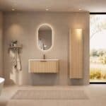 Rond naturel eiken badkamermeubel 100 cm met vlak front en mat witte solid surface wastafel