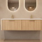 Rond hangend naturel eiken badkamermeubel 160 cm met vlak front en dubbele mat witte solid surface wastafel