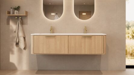 Rond hangend naturel eiken badkamermeubel 160 cm met vlak front en dubbele mat witte solid surface wastafel