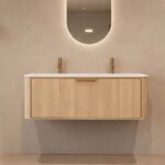 Rond naturel eiken badkamermeubel 120 cm met vlak front en dubbele mat witte solid surface wastafel