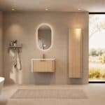 Rond hangend naturel eiken badkamermeubel 80 cm met vlak front en mat witte solid surface wastafel