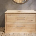 Massief eiken badkamermeubel 130 cm met eiken wastafelblad en één ronde witte keramische waskom