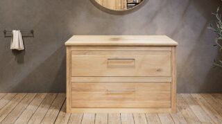 Massief eiken badkamermeubel 130 cm met eiken wastafelblad en één ronde witte keramische waskom