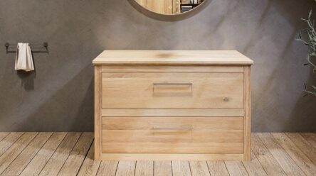 Massief eiken badkamermeubel 130 cm met eiken wastafelblad en één ronde witte keramische waskom