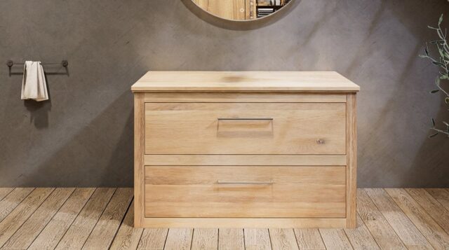 Massief eiken badkamermeubel 130 cm met eiken wastafelblad en één ronde witte keramische waskom