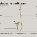Luxe thermostatische bad/douchekraan in geborsteld goud met duurzame PVD-coating. Geleverd als complete set met handdouche, doucheslang en wandhaak. Verkrijgbaar in 5 kleuren.