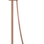 Stijlvolle opbouwdoucheset in geborsteld koper met PVD-coating, thermostatische douchekraan en hoofddouche van Ø20 cm. Inclusief verstelbare handdouche. Verkrijgbaar in 5 kleuren en 5 jaar garantie.