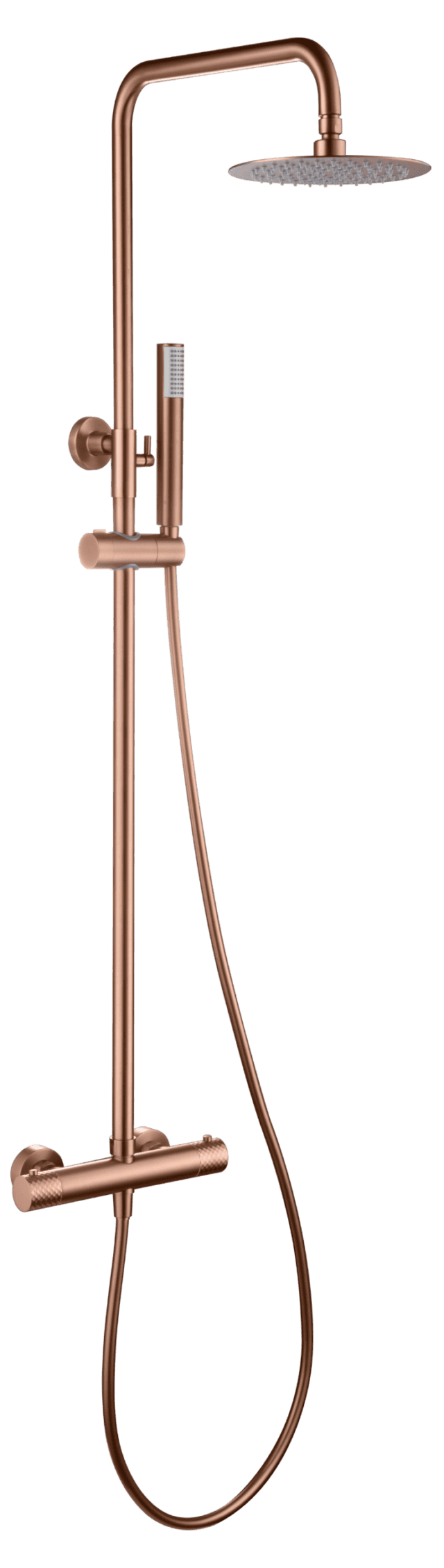Stijlvolle opbouwdoucheset in geborsteld koper met PVD-coating, thermostatische douchekraan en hoofddouche van Ø20 cm. Inclusief verstelbare handdouche. Verkrijgbaar in 5 kleuren en 5 jaar garantie.