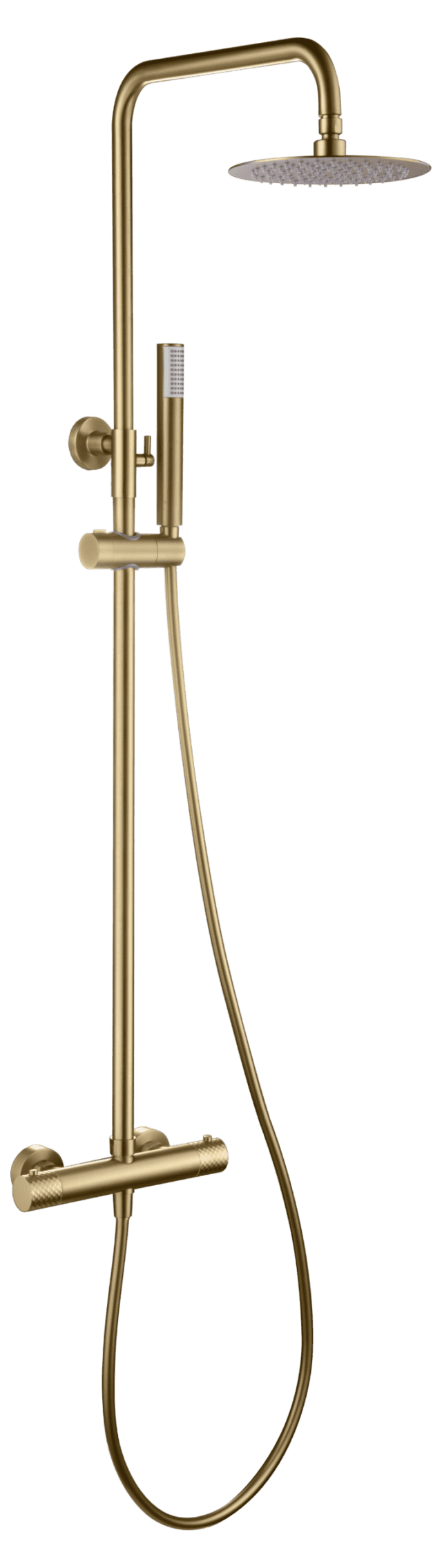 Luxe opbouwdoucheset in geborsteld goud met PVD-coating, thermostatische douchekraan en hoofddouche van Ø20 cm. Inclusief verstelbare handdouche. Verkrijgbaar in 5 kleuren en 5 jaar garantie.