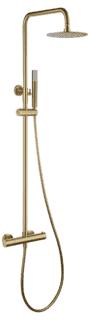 Luxe opbouwdoucheset in geborsteld goud met PVD-coating, thermostatische douchekraan en hoofddouche van Ø20 cm. Inclusief verstelbare handdouche. Verkrijgbaar in 5 kleuren en 5 jaar garantie.