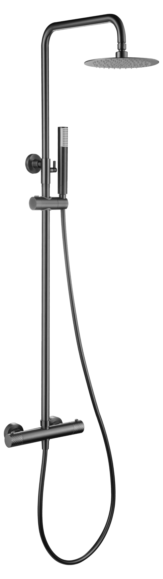 Luxe opbouwdoucheset in Black Gun Metal met PVD-coating, thermostatische douchekraan en hoofddouche van Ø20 cm. Inclusief verstelbare handdouche. Verkrijgbaar in 5 kleuren en 5 jaar garantie.
