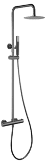 Luxe opbouwdoucheset in Black Gun Metal met PVD-coating, thermostatische douchekraan en hoofddouche van Ø20 cm. Inclusief verstelbare handdouche. Verkrijgbaar in 5 kleuren en 5 jaar garantie.