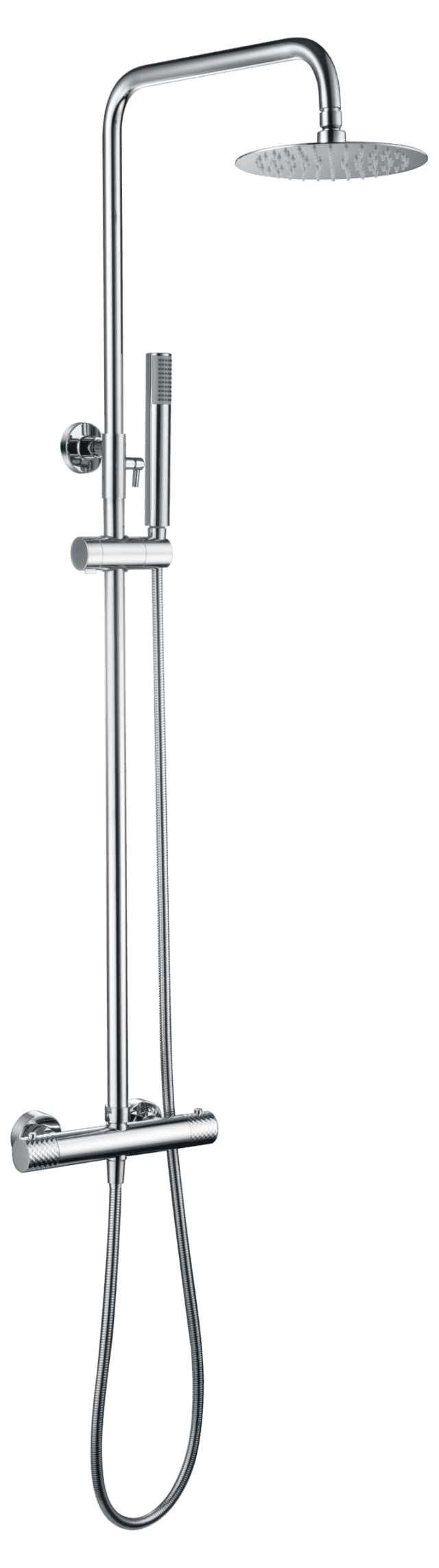 Moderne opbouwdoucheset in chroom met thermostatische douchekraan, hoofddouche van Ø20 cm en in hoogte verstelbare handdouche. Verkrijgbaar in 5 kleuren en voorzien van 5 jaar garantie.