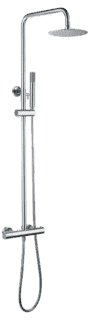 Moderne opbouwdoucheset in chroom met thermostatische douchekraan, hoofddouche van Ø20 cm en in hoogte verstelbare handdouche. Verkrijgbaar in 5 kleuren en voorzien van 5 jaar garantie.