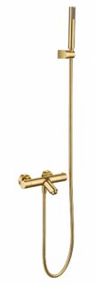 Luxe thermostatische bad/douchekraan in geborsteld goud met duurzame PVD-coating. Geleverd als complete set met handdouche, doucheslang en wandhaak. Verkrijgbaar in 5 kleuren.