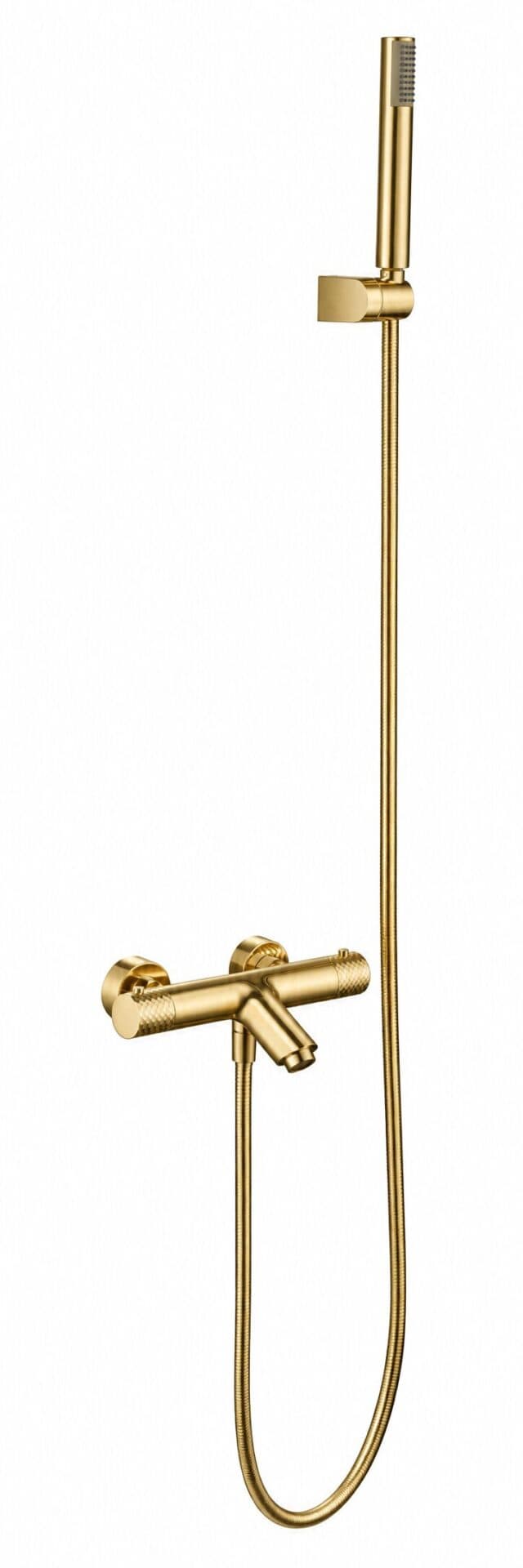 Luxe thermostatische bad/douchekraan in geborsteld goud met duurzame PVD-coating. Geleverd als complete set met handdouche, doucheslang en wandhaak. Verkrijgbaar in 5 kleuren.