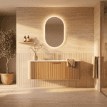 Rond naturel eiken wastafelmeubel 120 cm met groevenfront en mat witte solid surface wastafel