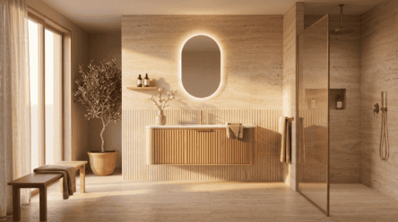 Rond naturel eiken wastafelmeubel 120 cm met groevenfront en mat witte solid surface wastafel