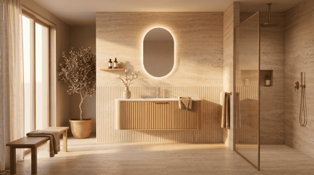 Rond naturel eiken wastafelmeubel 120 cm met groevenfront en mat witte solid surface wastafel