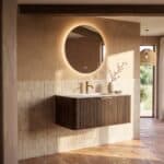 Rond donker eiken badkamermeubel 100 cm met groevenfront en mat witte solid surface wastafel
