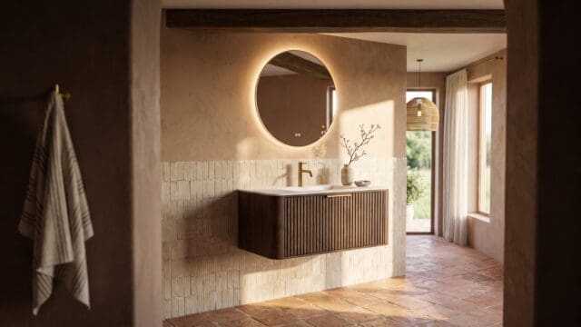 Rond donker eiken badkamermeubel 100 cm met groevenfront en mat witte solid surface wastafel