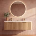 Rond hangend naturel eiken badkamermeubel 160 cm met groevenfront en dubbele mat witte solid surface wastafel