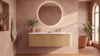 Rond hangend naturel eiken badkamermeubel 160 cm met groevenfront en dubbele mat witte solid surface wastafel