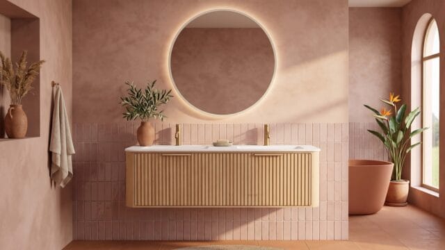 Rond hangend naturel eiken badkamermeubel 160 cm met groevenfront en dubbele mat witte solid surface wastafel